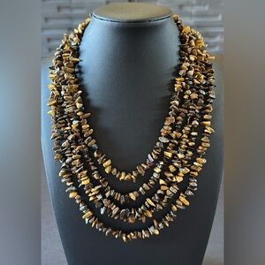 Five Strand Polished Tiger Eye Chip Necklace